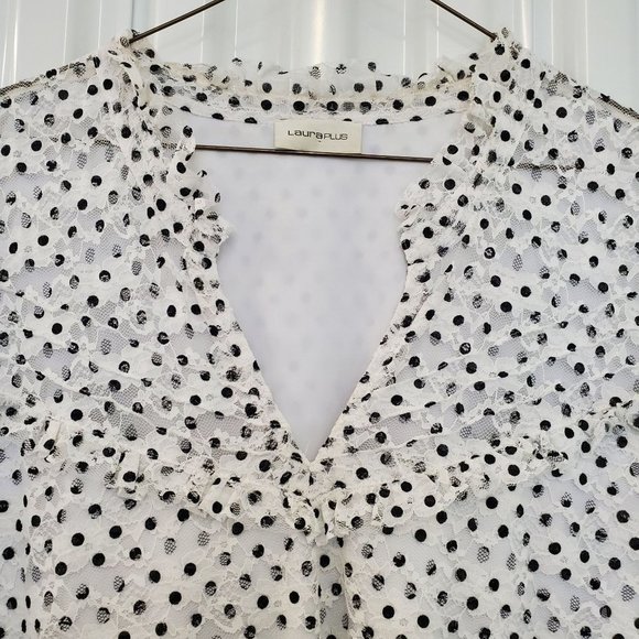 Laura Plus Polka  Dot V Neck Blouse with Lace overlay and ruffled chest … - Picture 3 of 9